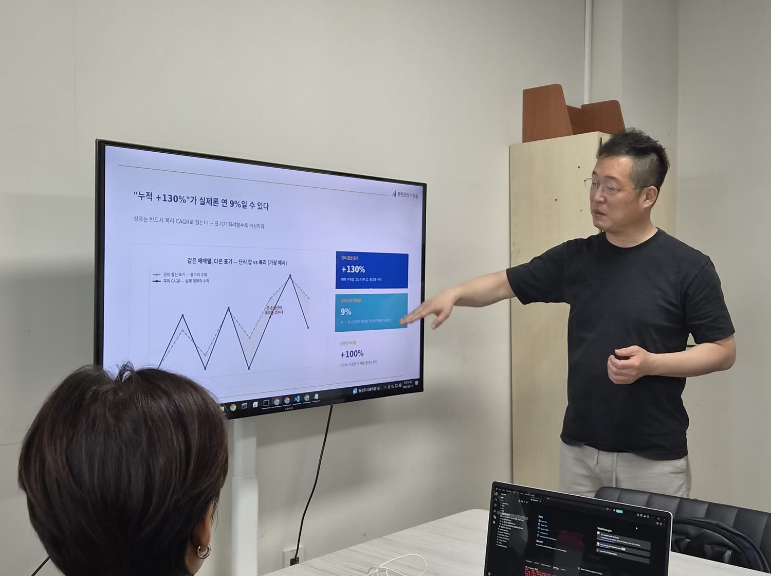 강의 — 누적 수익률과 연복리 수익률의 차이를 설명하는 장면